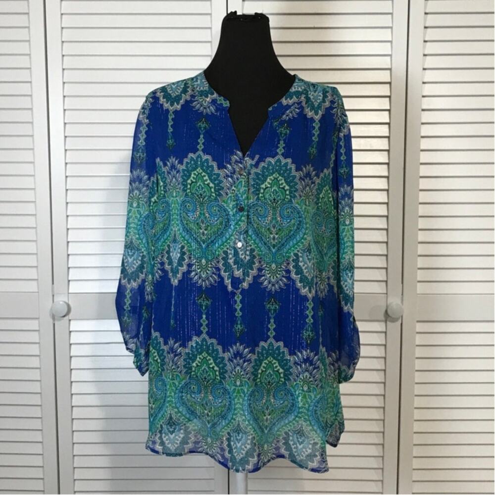 Sara Michelle Royal Blue Shimmer Boho Abstract Paisley Sheer Tunic Blouse L